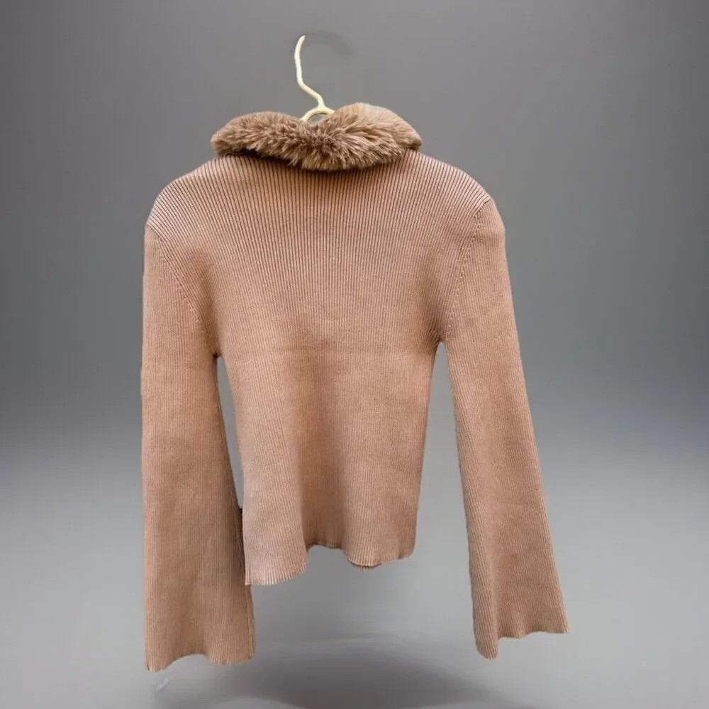 Vtg Y2K My Michelle Faux Fur Collar Ribbed Bella Sweater Size XL Twilight Fall